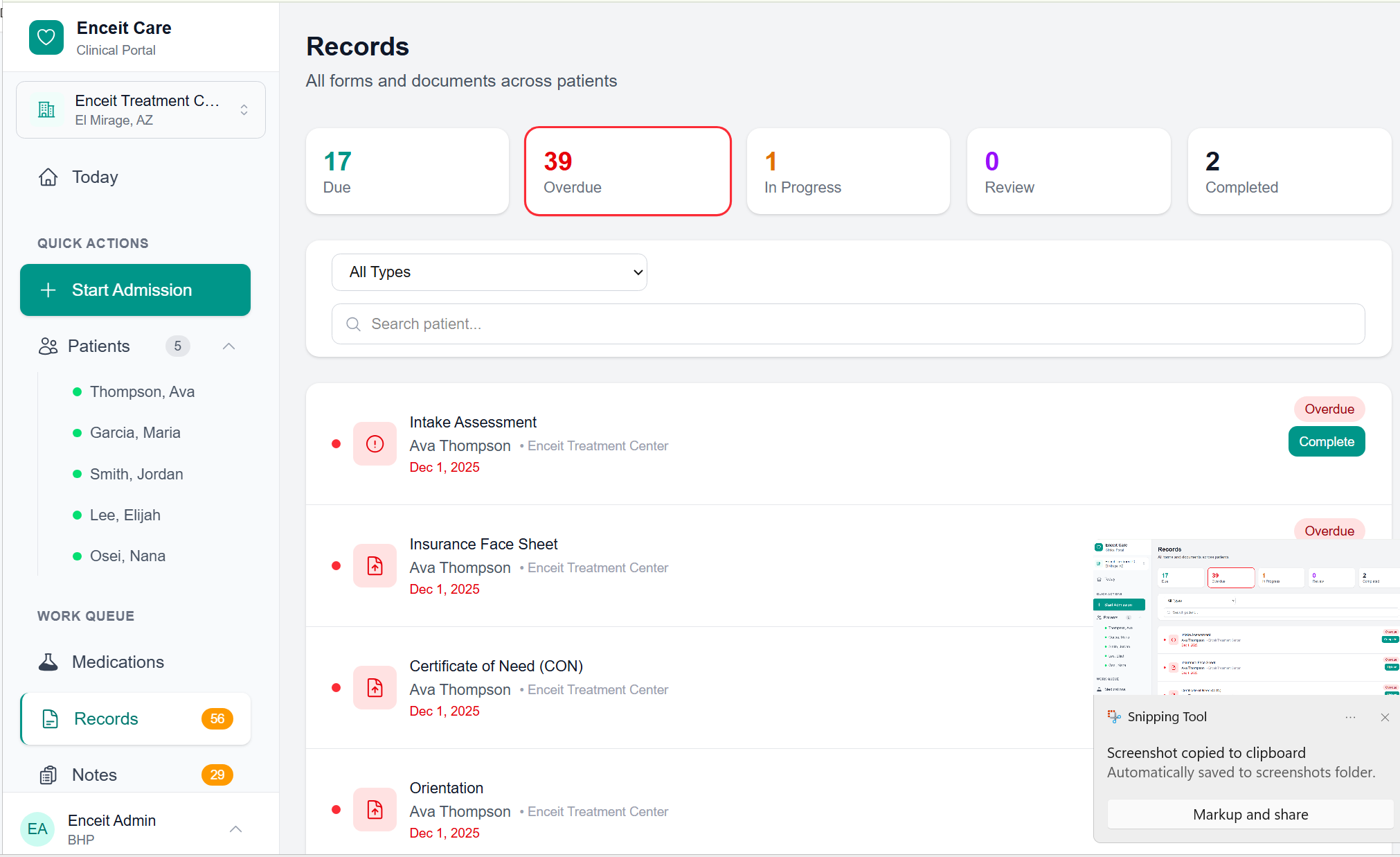 Records work queue showing Due, Overdue, In Progress, Review, and Completed counts