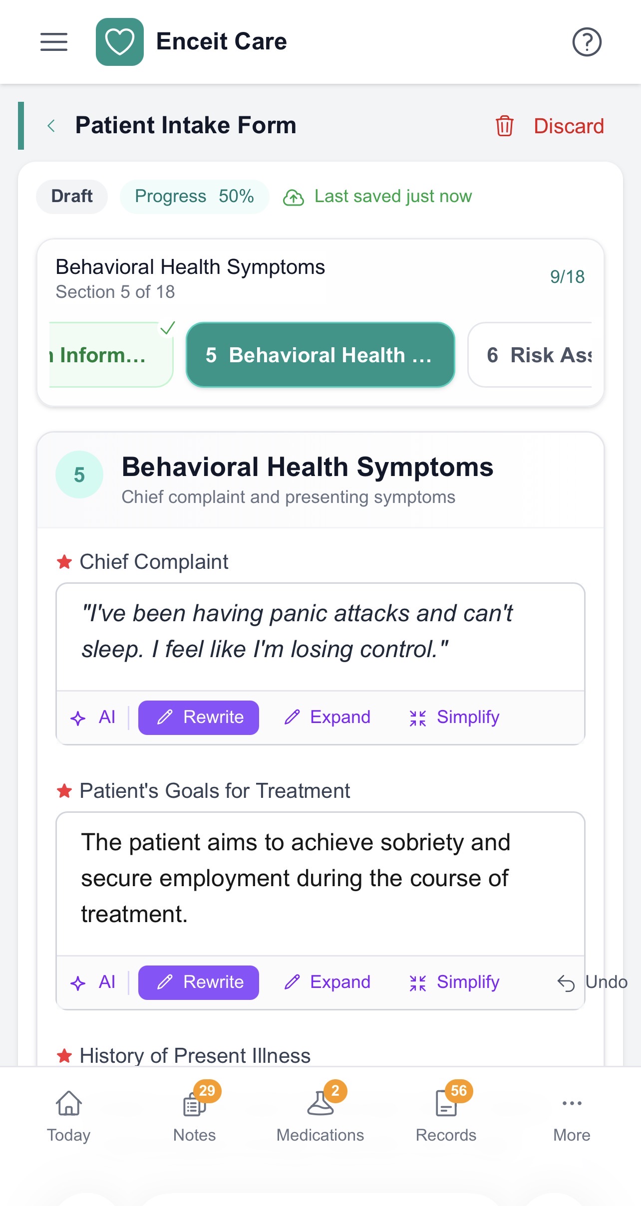 Patient intake form editing on mobile with AI Rewrite and Expand tools